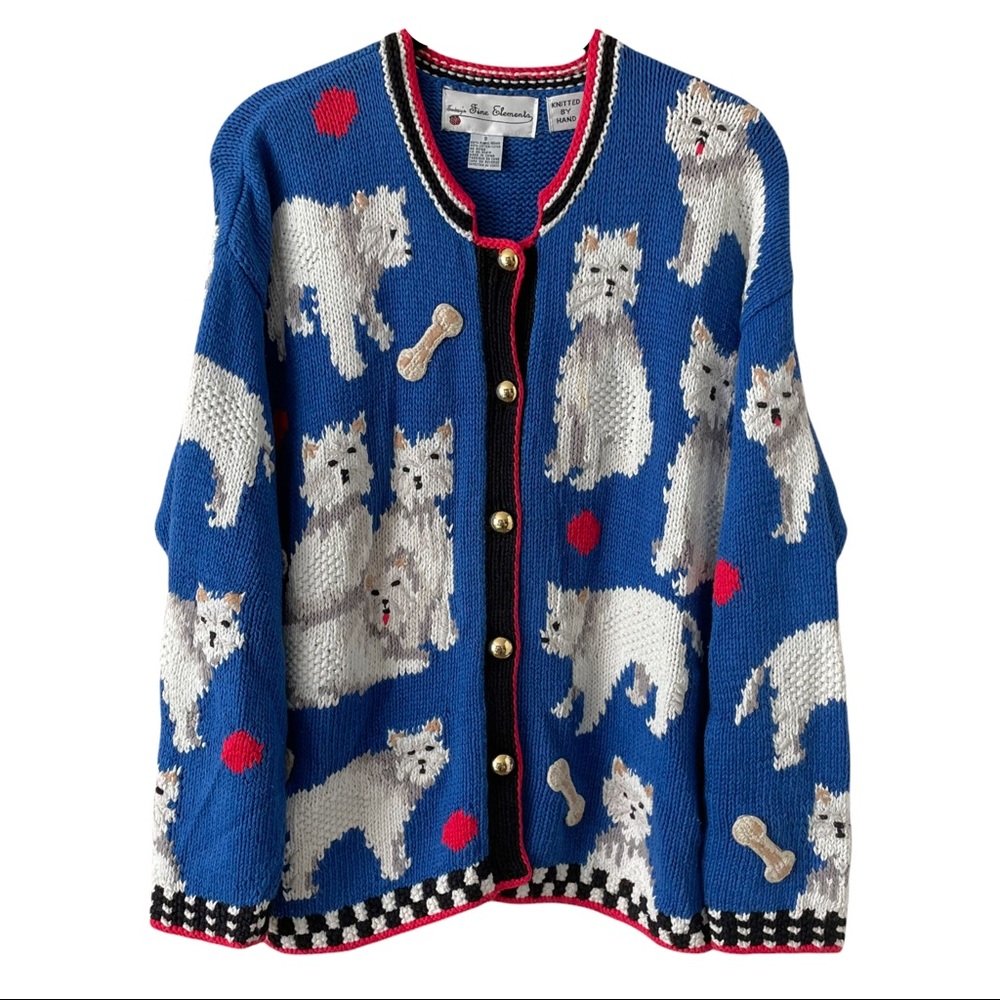 Vintage Dog Hand Knit Unique Cardigan Sweater Womens Small